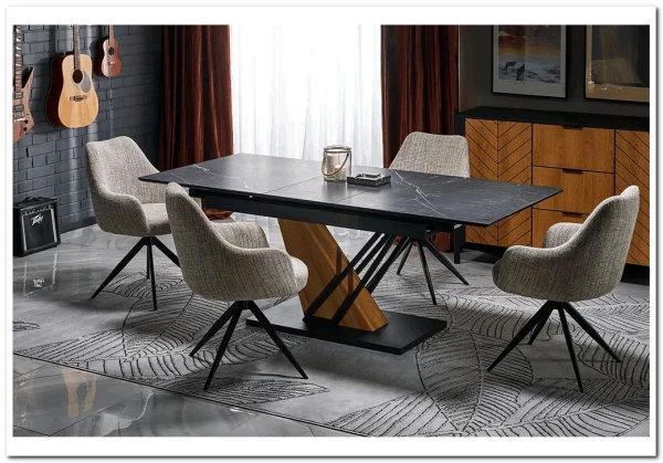 Стол обеденный Halmar VOLANT 160 (черный мрамор/дуб золотой)