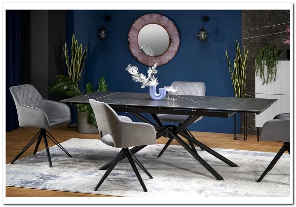 Стол обеденный Halmar VITORINO 160 раскладной (черный мрамор/черный)