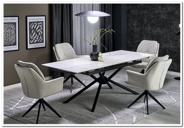 Стол обеденный Halmar VITORINO 160 раскладной (белый мрамор/черный)