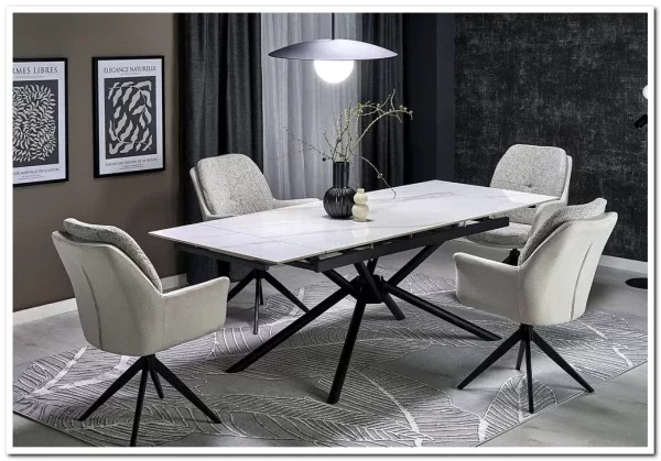 Стол обеденный Halmar VITORINO 160 раскладной (белый мрамор/черный)
